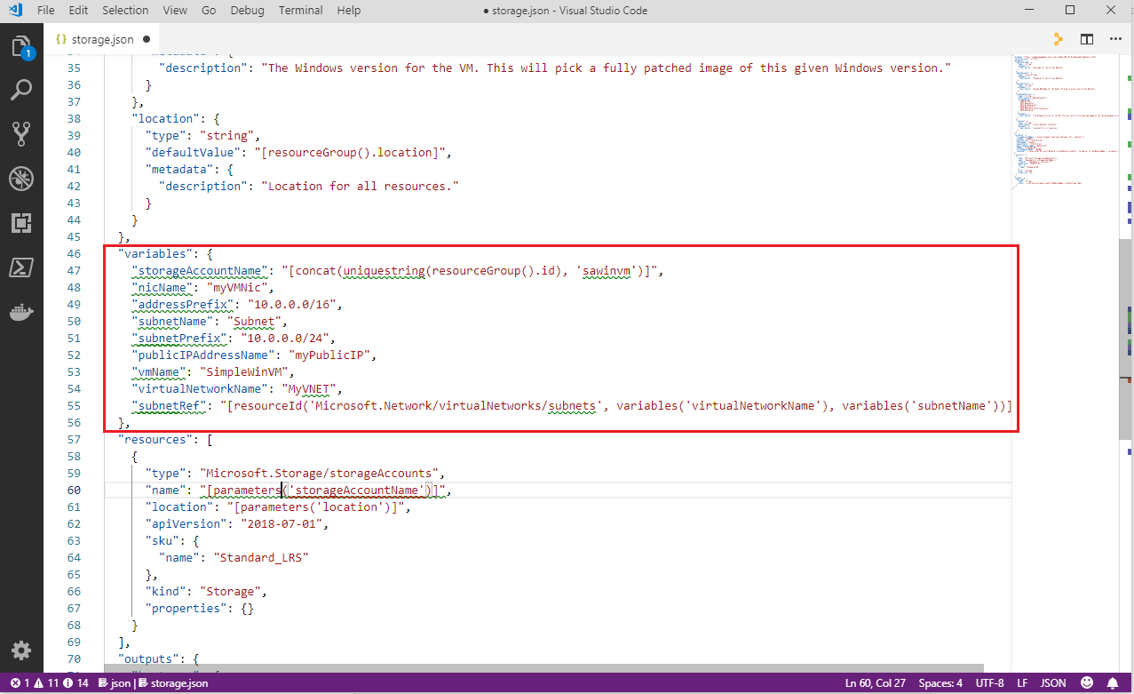 Screenshot of Visual Studio Code with the storage.json template open with the variables section highlighted.